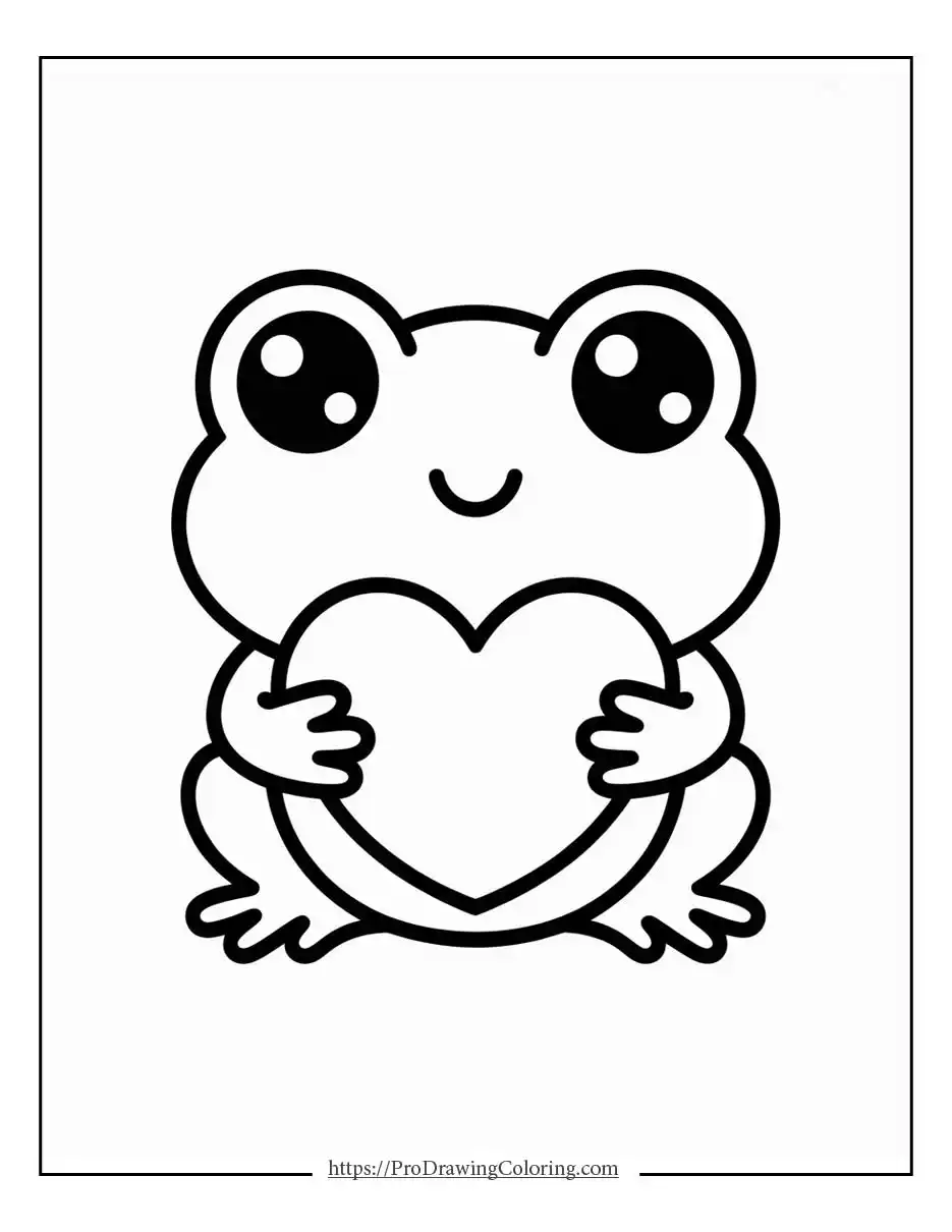 Simple frog character holding a heart with a cheerful face and minimal details