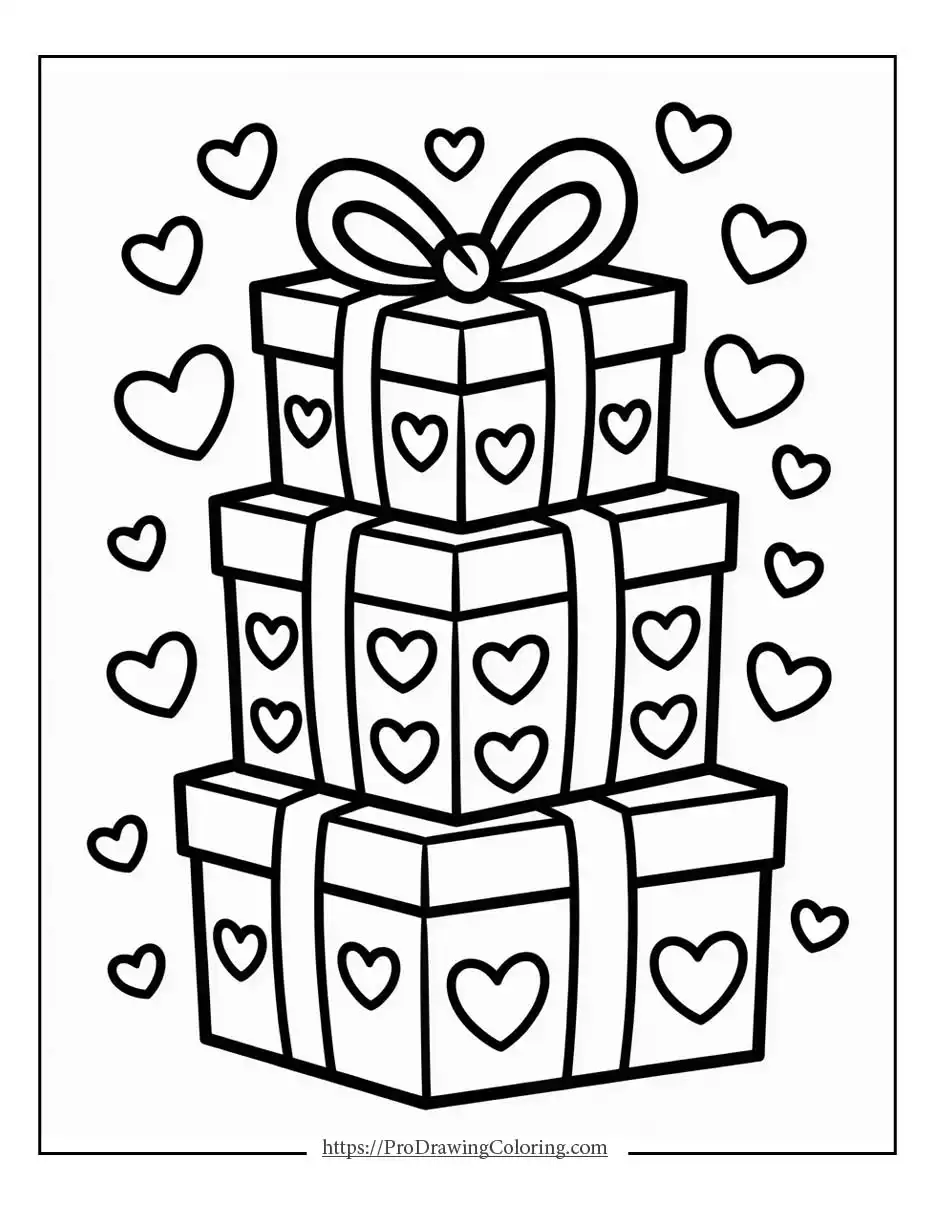 Heart coloring pages showing stacked gift boxes decorated with hearts, perfect for festive coloring