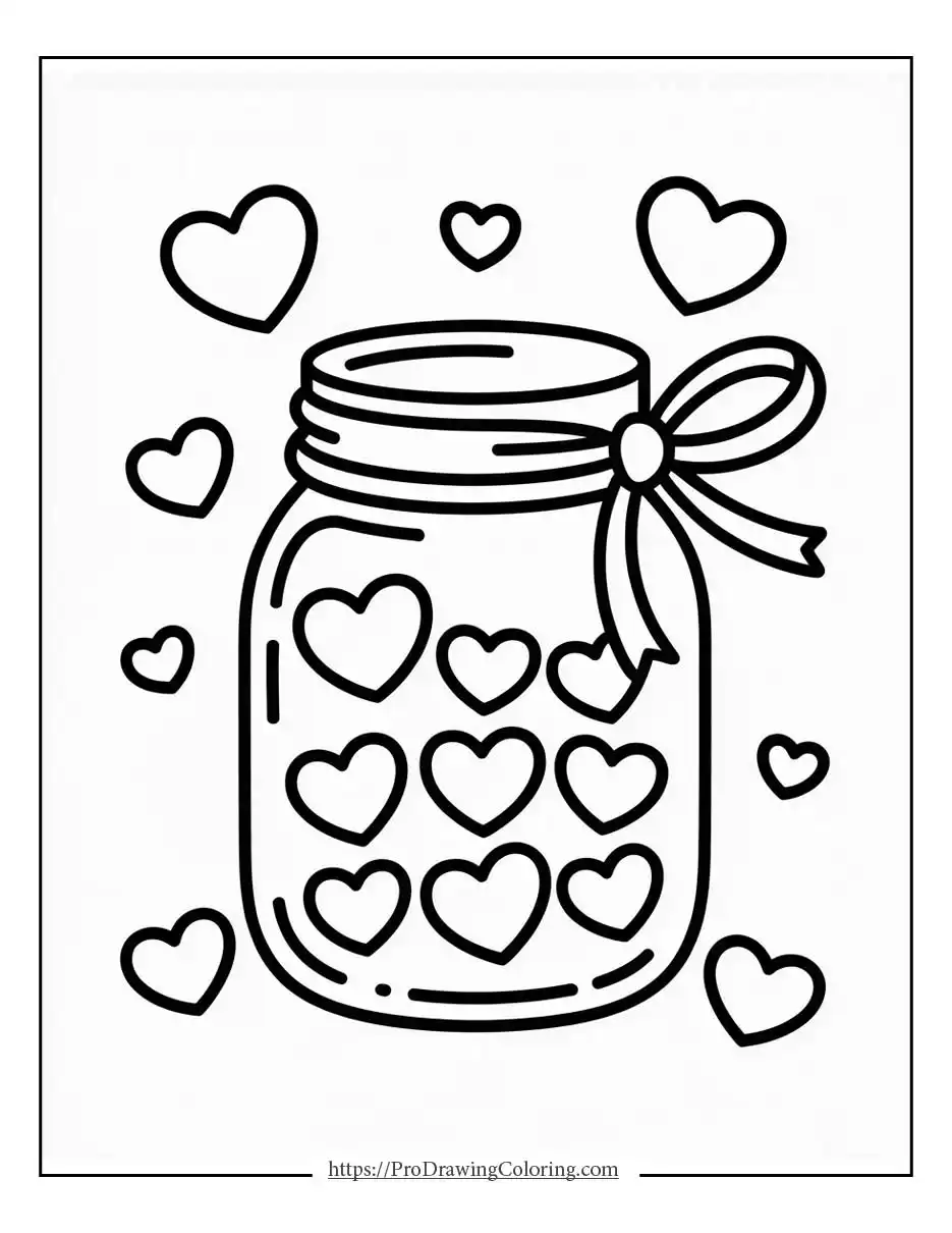 Glass jar illustration filled with small hearts and tied with a ribbon