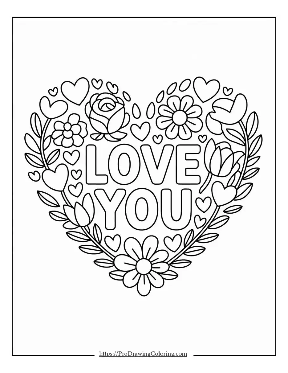 Heart design with the word love surrounded by flowers, leaves, and small decorative hearts