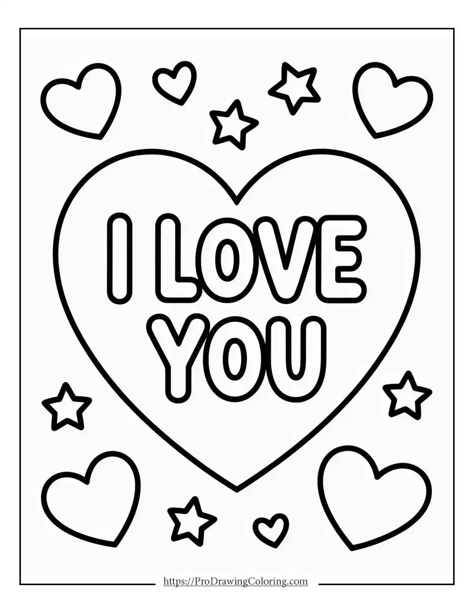 Large heart outline featuring the words I love you, decorated with small hearts and stars