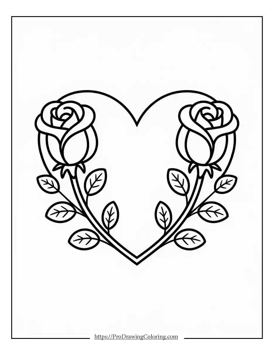 Heart outline framed by two symmetrical roses and leaves in a balanced floral design