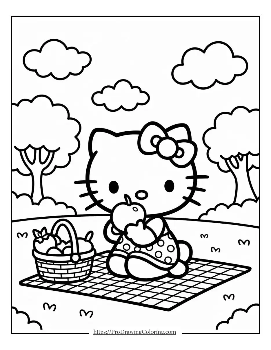 a more detailed and elegant hello kitty illustration with clean line art, suitable for hello kitty adult coloring pages