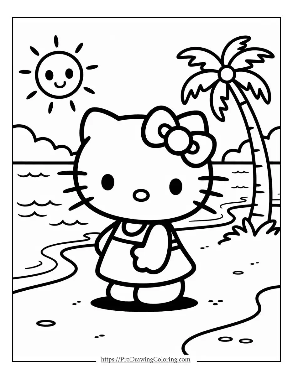 a seaside picnic scene with palm trees and ocean waves, illustrated for hello kitty beach coloring pages