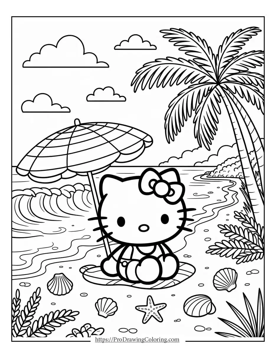 Hello Kitty sitting on the beach under an umbrella with seashells, palm trees, and the ocean nearby