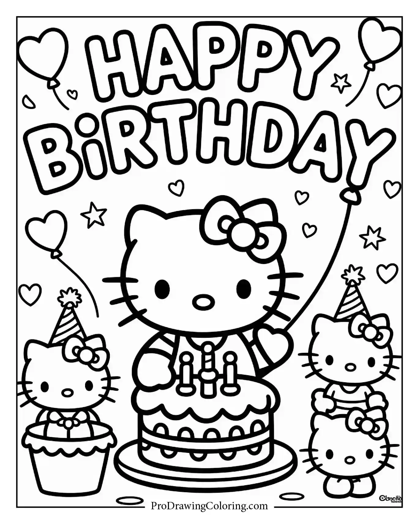 A joyful hello kitty birthday balloons scene, a fun Happy Birthday Coloring Page for kids and adults.