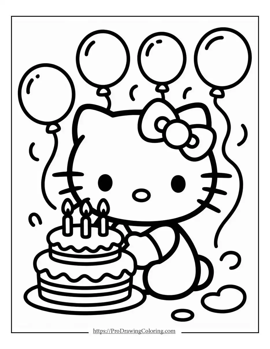 a cute birthday party scene with cake candles and balloons, illustrated as hello kitty birthday coloring pages