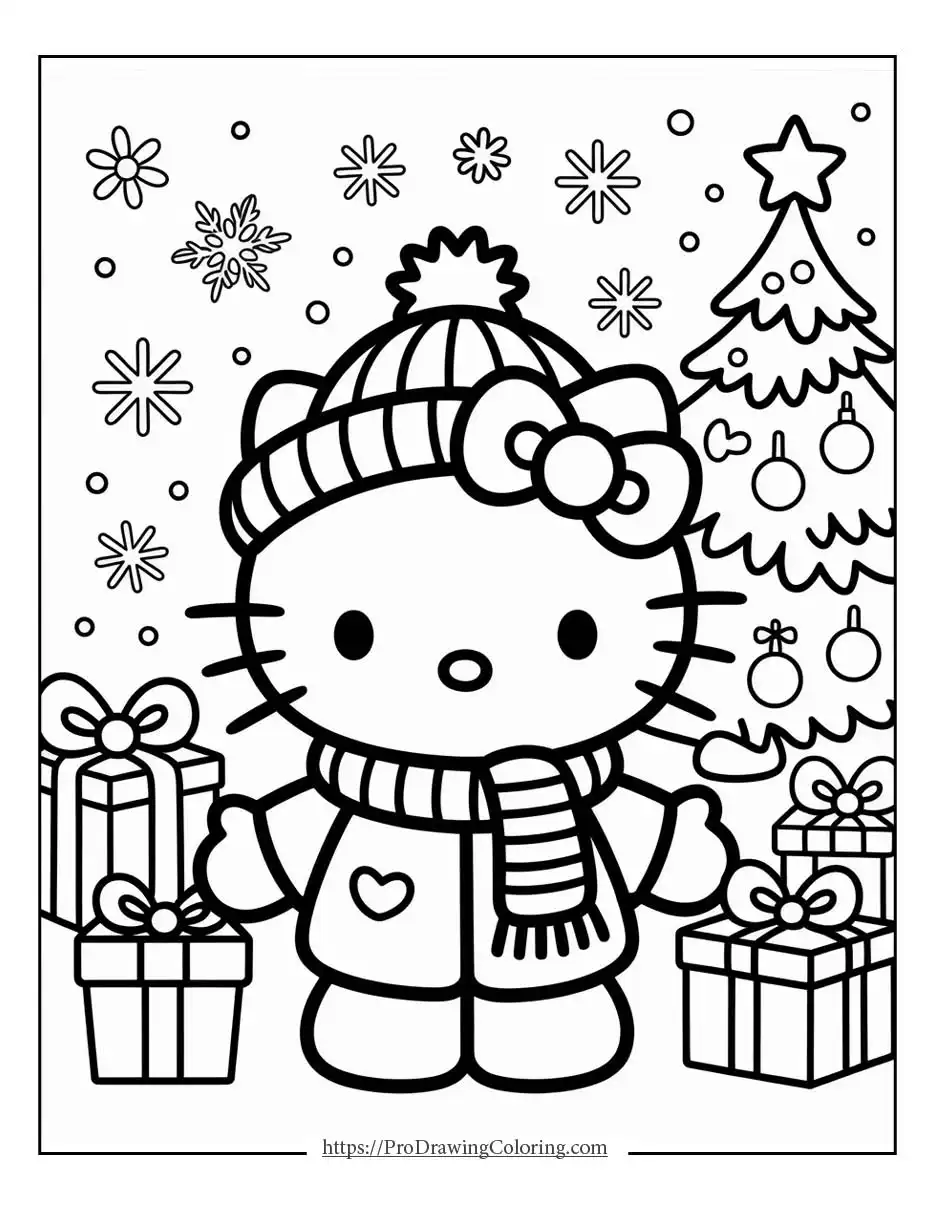 a cozy winter scene with gifts and a decorated tree, designed for hello kitty christmas coloring pages