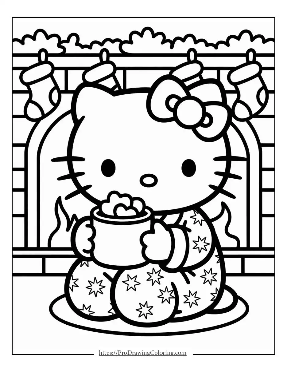 Happy hello kitty coloring page with water play scene, simple lines and printable design