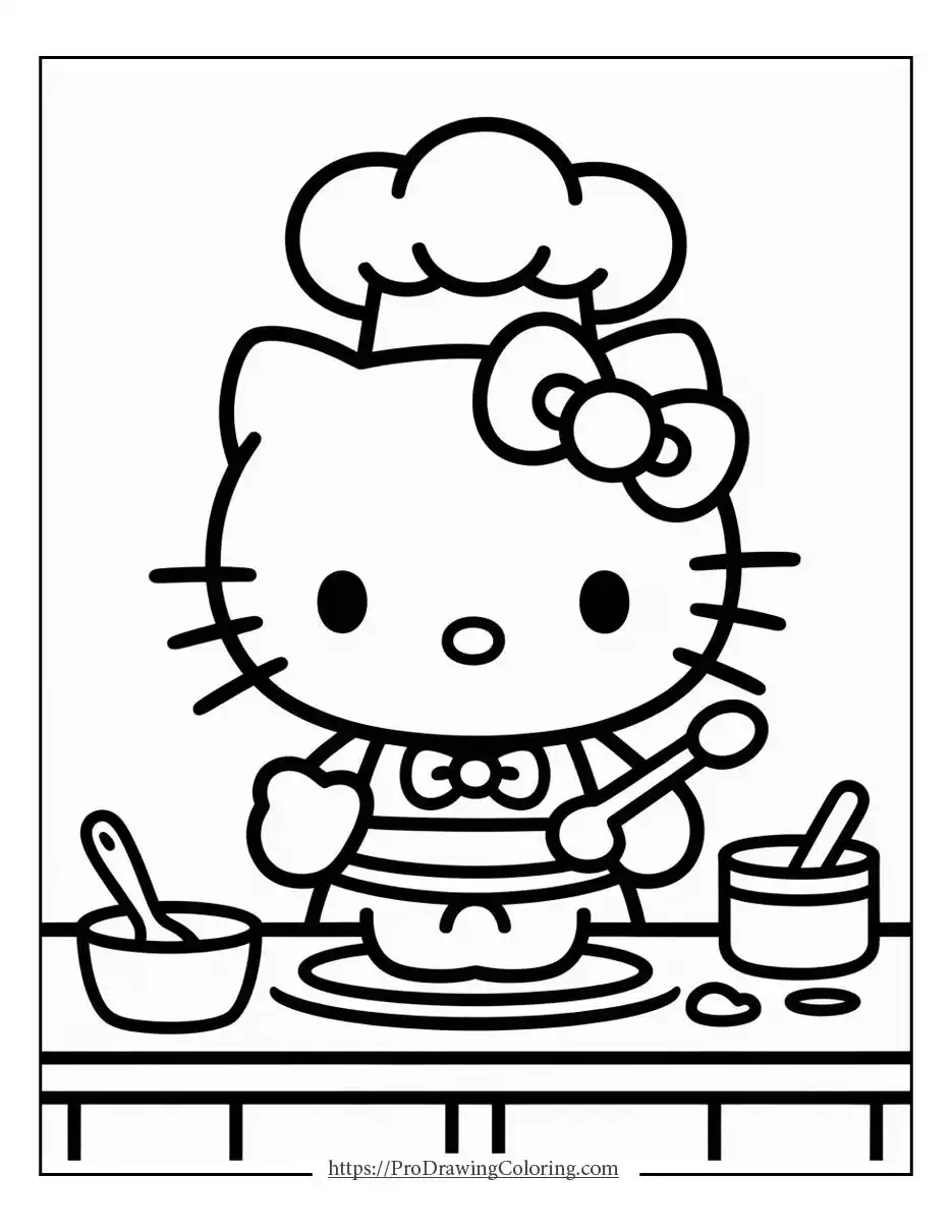 Hello Kitty wearing a chef hat while cooking at a table with bowls and kitchen utensils