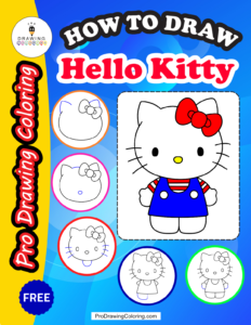 Preview of the free Hello Kitty drawing practice pack PDF from Pro Drawing Coloring, showing face templates, graph paper grids, and step-by-step tracing sheets.