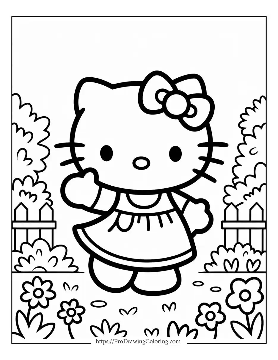 Hello Kitty walking along a garden path surrounded by flowers, bushes, and a small fence