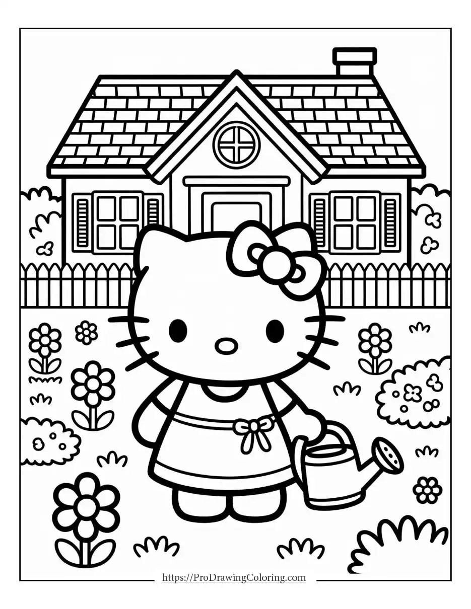 Hello Kitty taking care of flowers in a garden in front of a cozy house