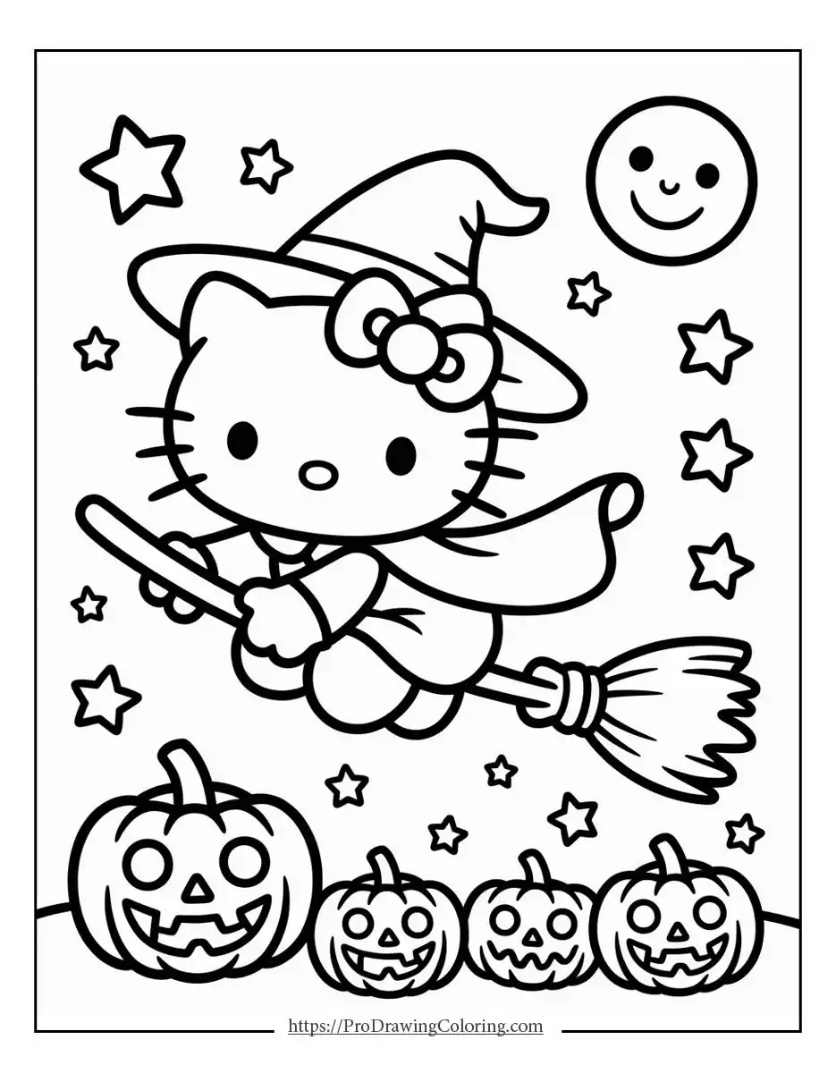 Hello Kitty dressed as a witch flying on a broom with stars, a smiling moon, and pumpkins below