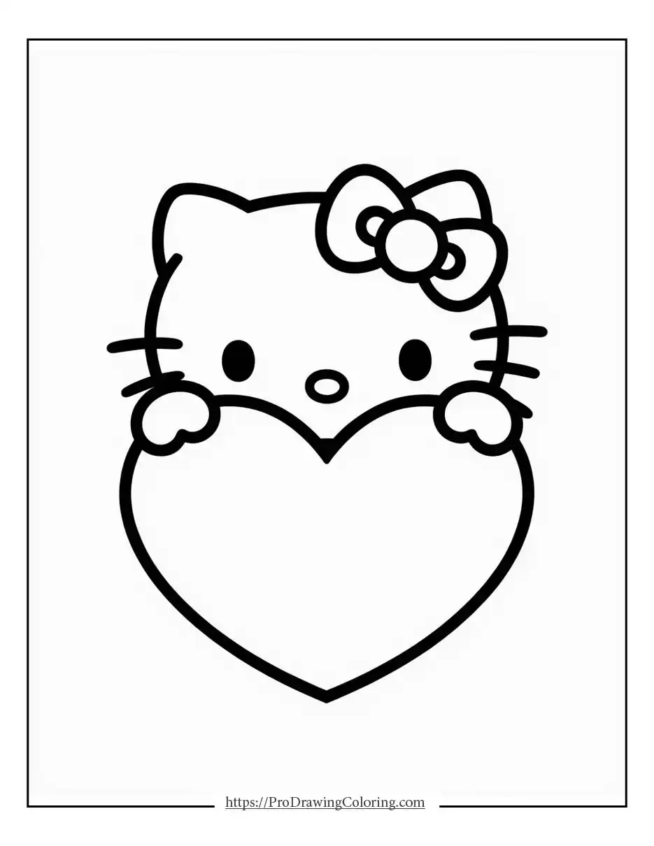 Simple cartoon kitty holding a large heart with a bow on its head