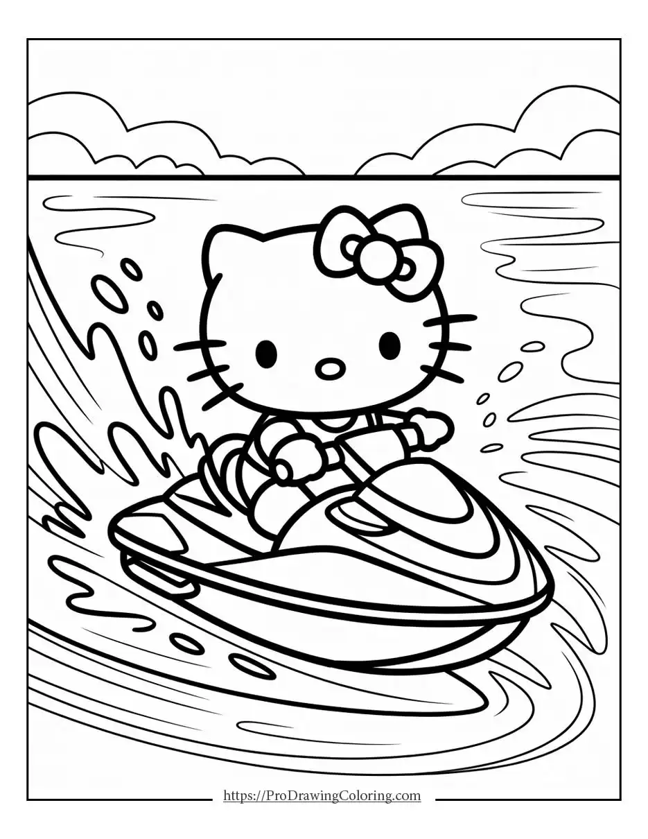 Hello Kitty riding a jet ski on the water, creating splashes and dynamic waves