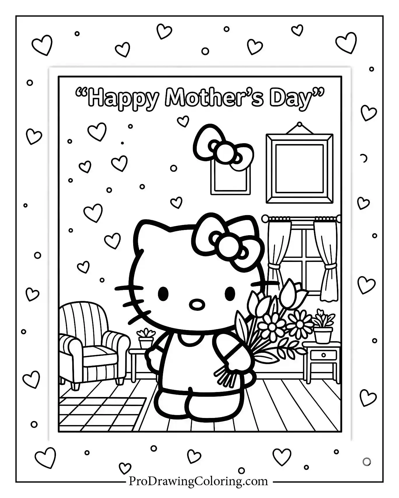 Hello Kitty standing in a decorated room holding a large bouquet of flowers. A perfect free mothers day picture to color.