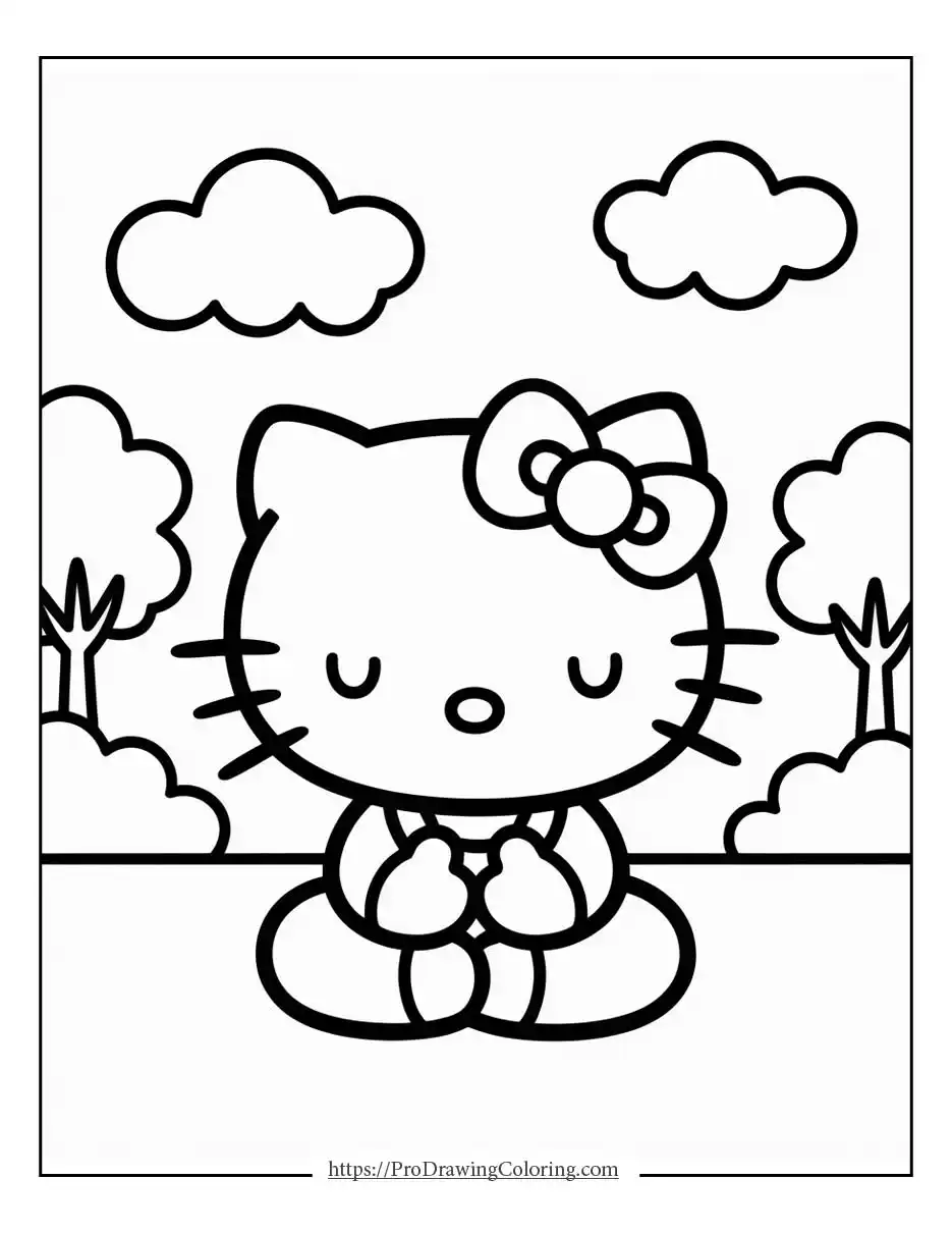 Hello Kitty sitting peacefully in a park surrounded by trees and soft clouds