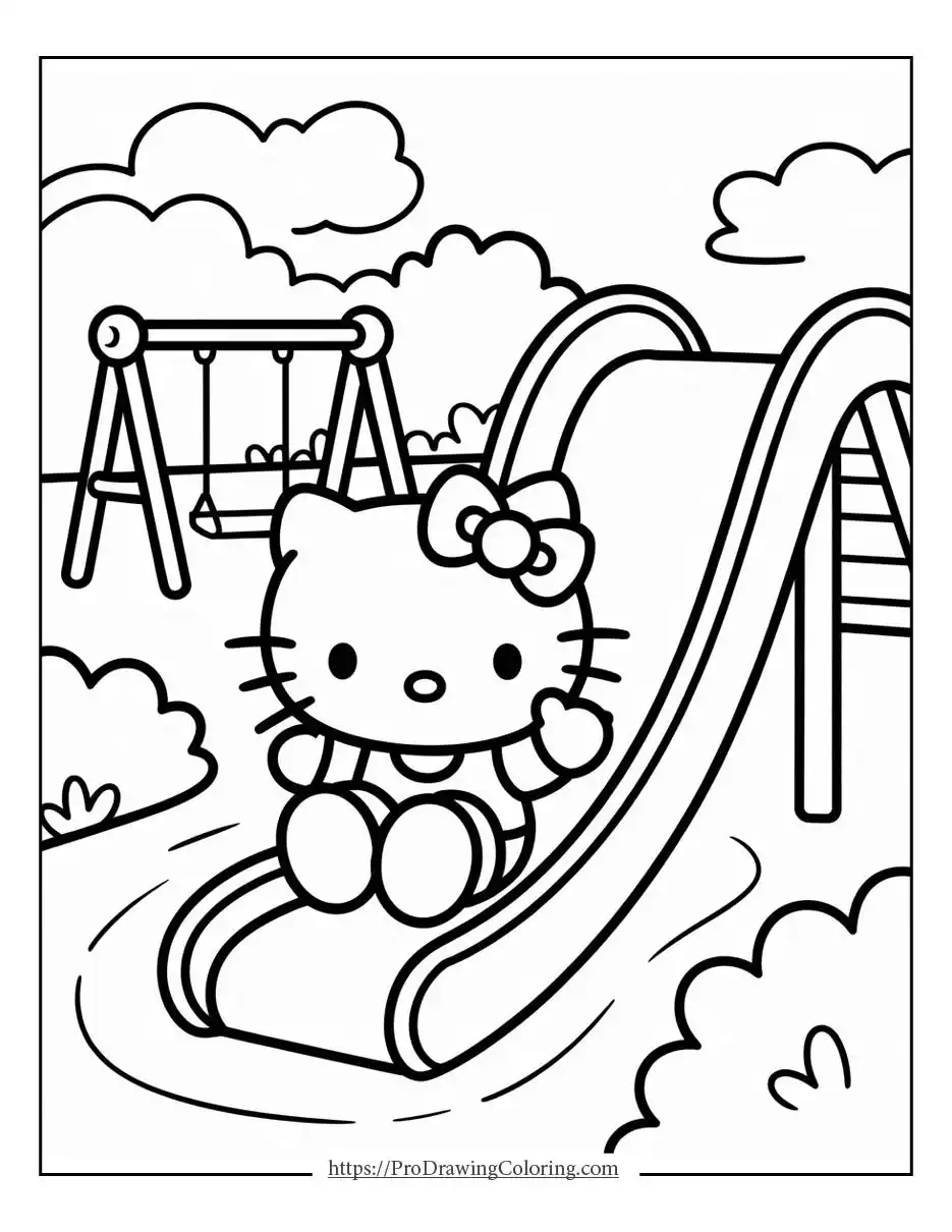 Hello Kitty sliding down a playground slide with a happy and playful expression
