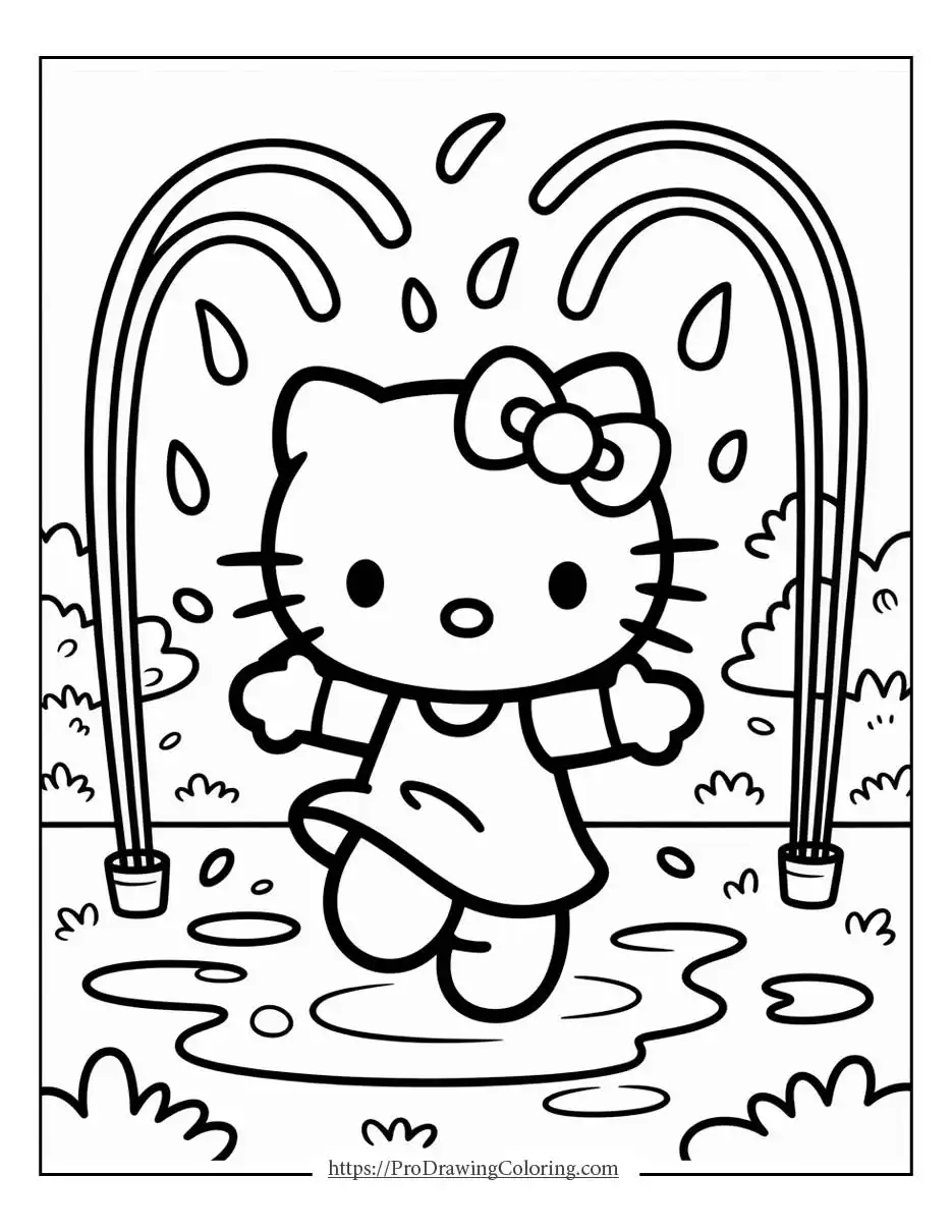 Hello Kitty splashing water fountains and enjoying a fun outdoor play moment