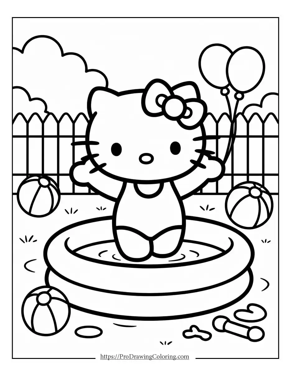 Hello Kitty playing in a small inflatable pool with balls, a fence, and a garden setting