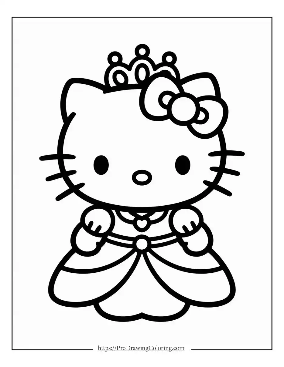 a royal character with crown and dress inspired by hello kitty, created for hello kitty princess coloring pages