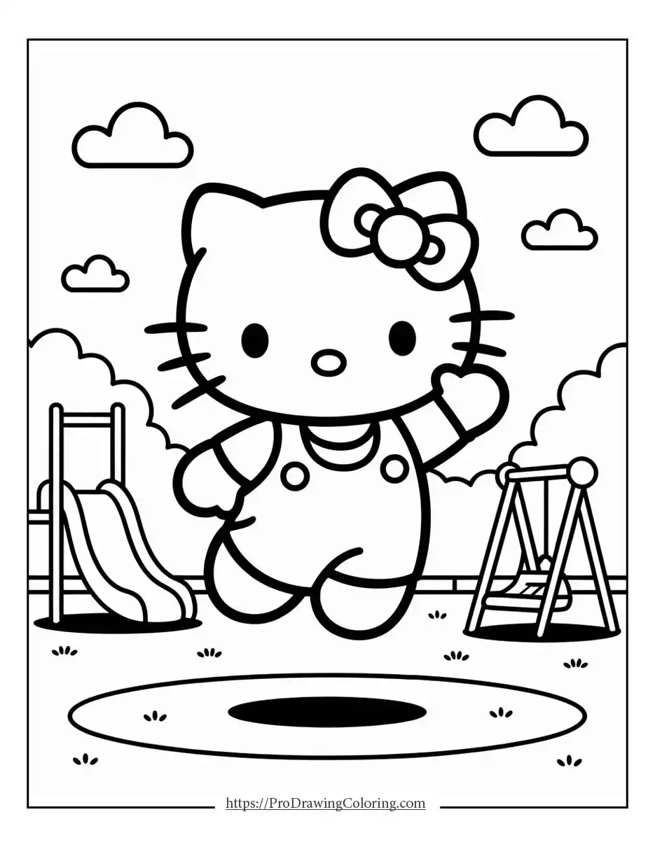 Printable hello kitty coloring page featuring garden flowers, easy to color and cut