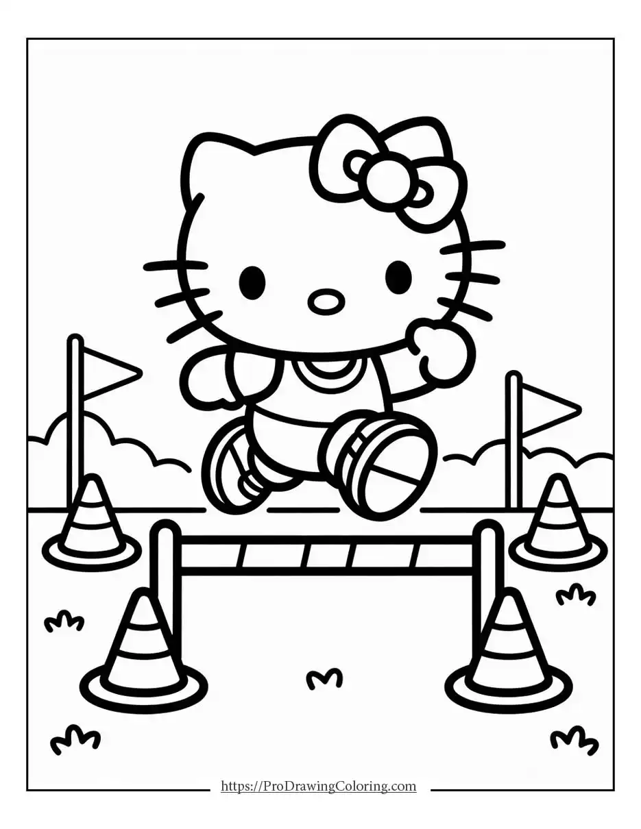 Hello Kitty happily running and jumping over small obstacles in a playful outdoor course