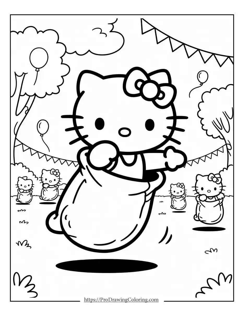 Hello Kitty running happily during an outdoor celebration with balloons, decorations, and friends around