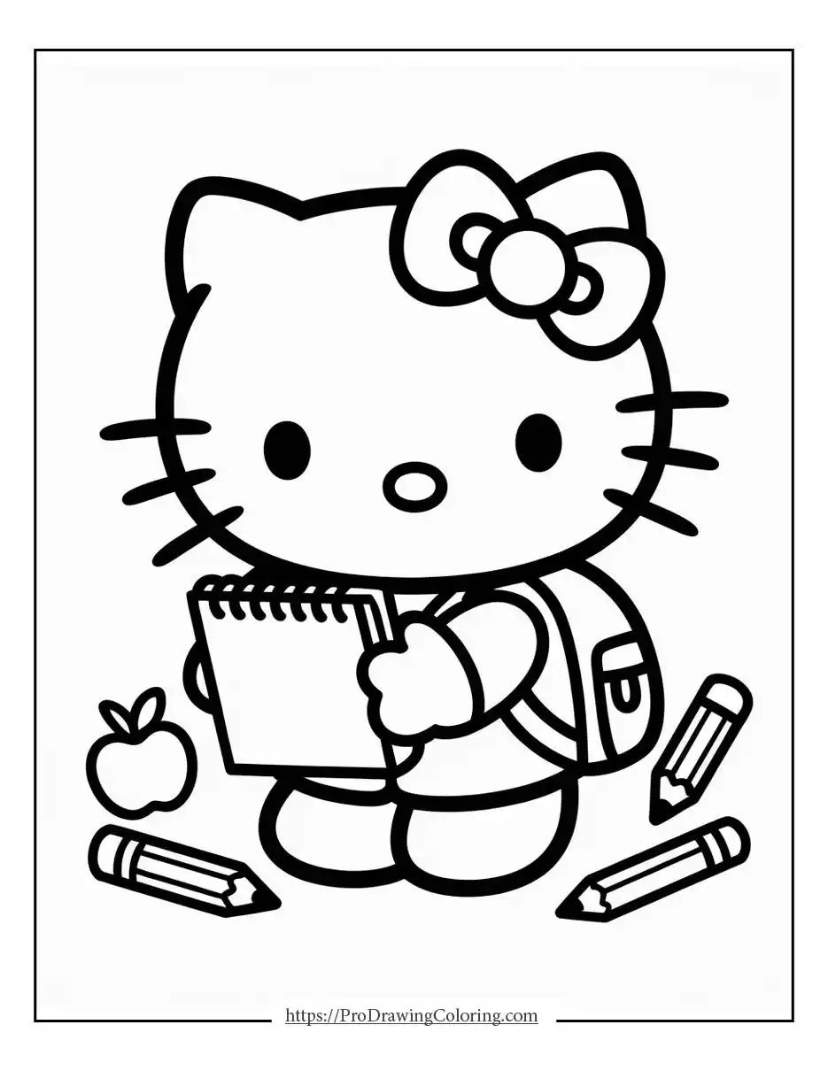 Hello Kitty holding a notebook with a backpack, pencils, and an apple around her