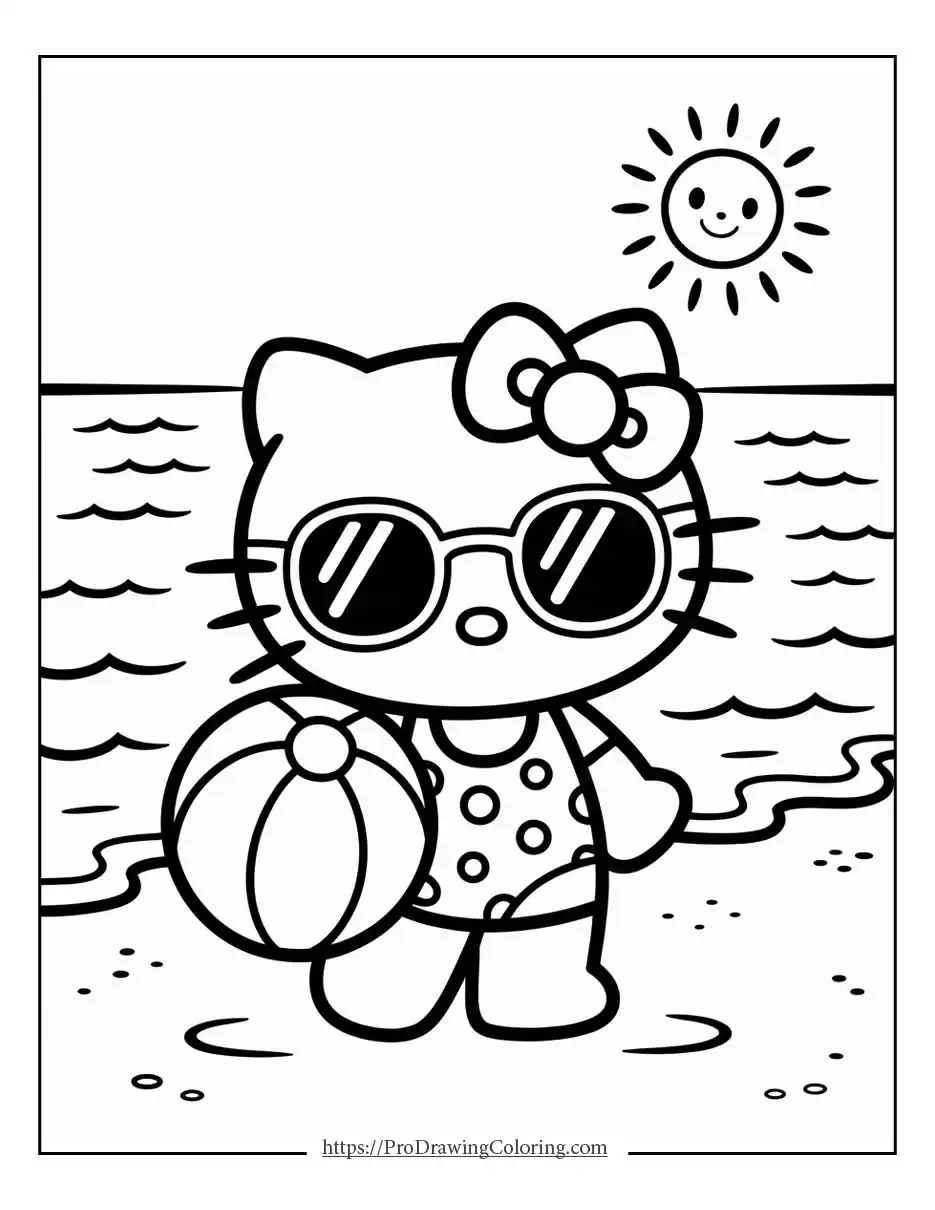 summer fun with hello kitty wearing sunglasses and holding a beach ball, ideal for hello kitty summer coloring pages