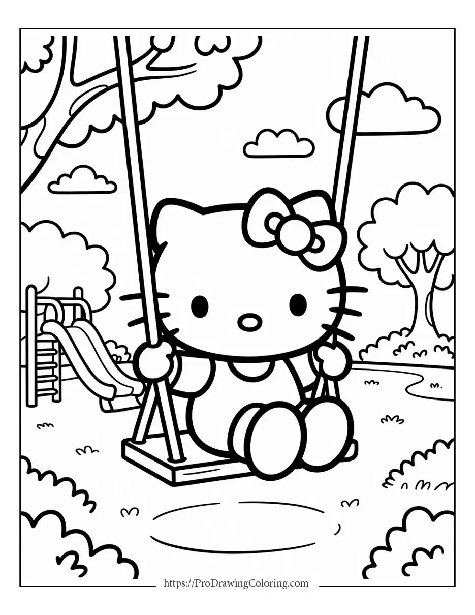 Hello Kitty sitting on a swing in a peaceful park with trees, clouds, and a playground in the background