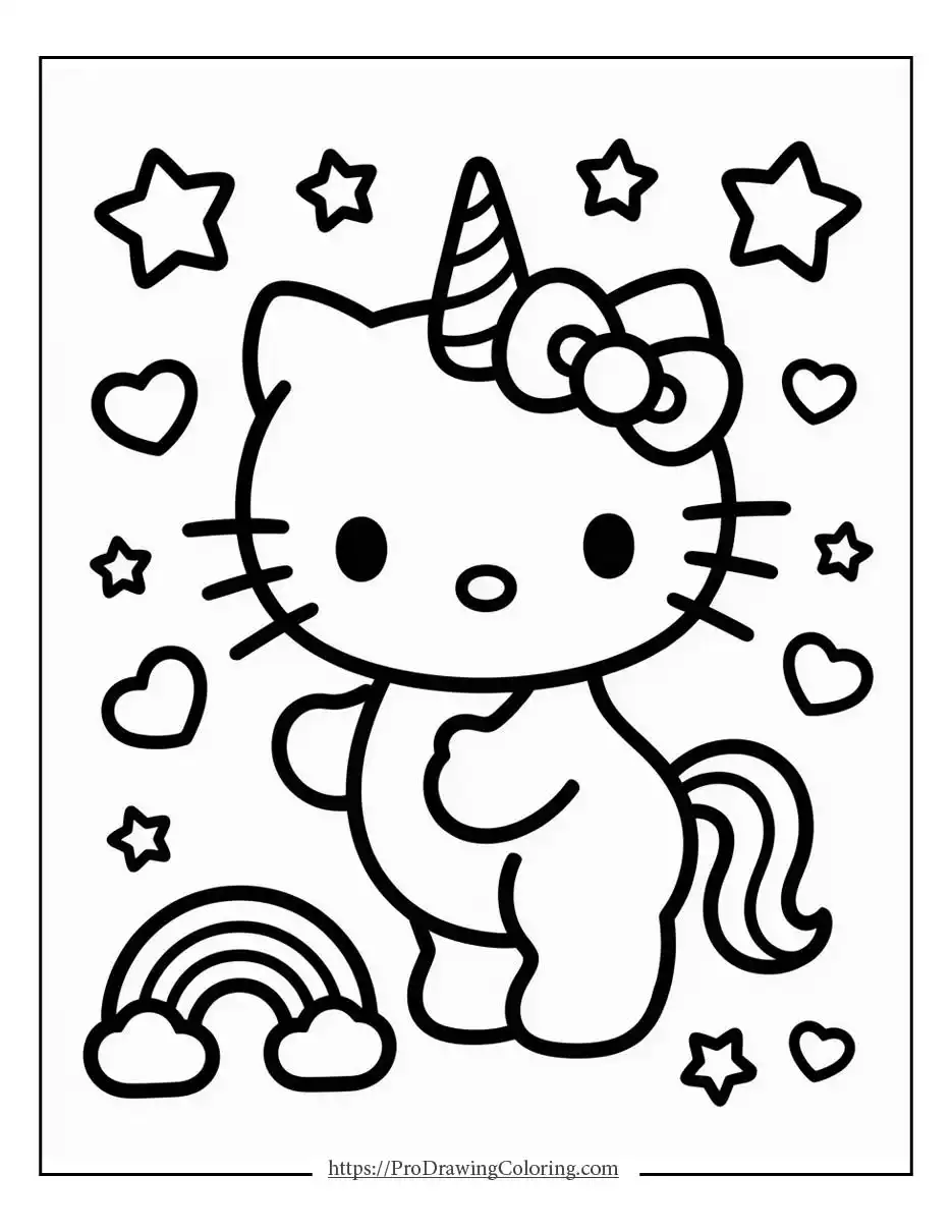 a magical unicorn themed illustration where hello kitty appears in a dreamy style, made as a hello kitty unicorn coloring page