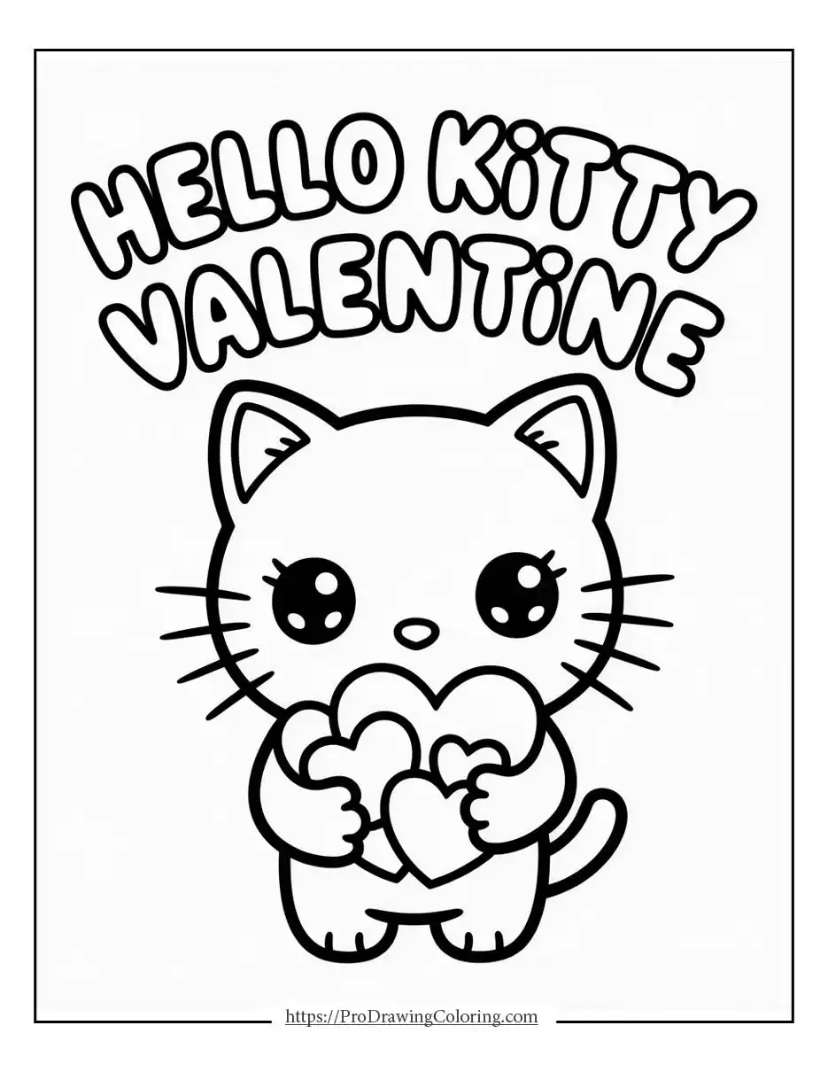 Hello Kitty Valentine’s Day coloring pages holding hearts, cute printable coloring page for valentine’s day