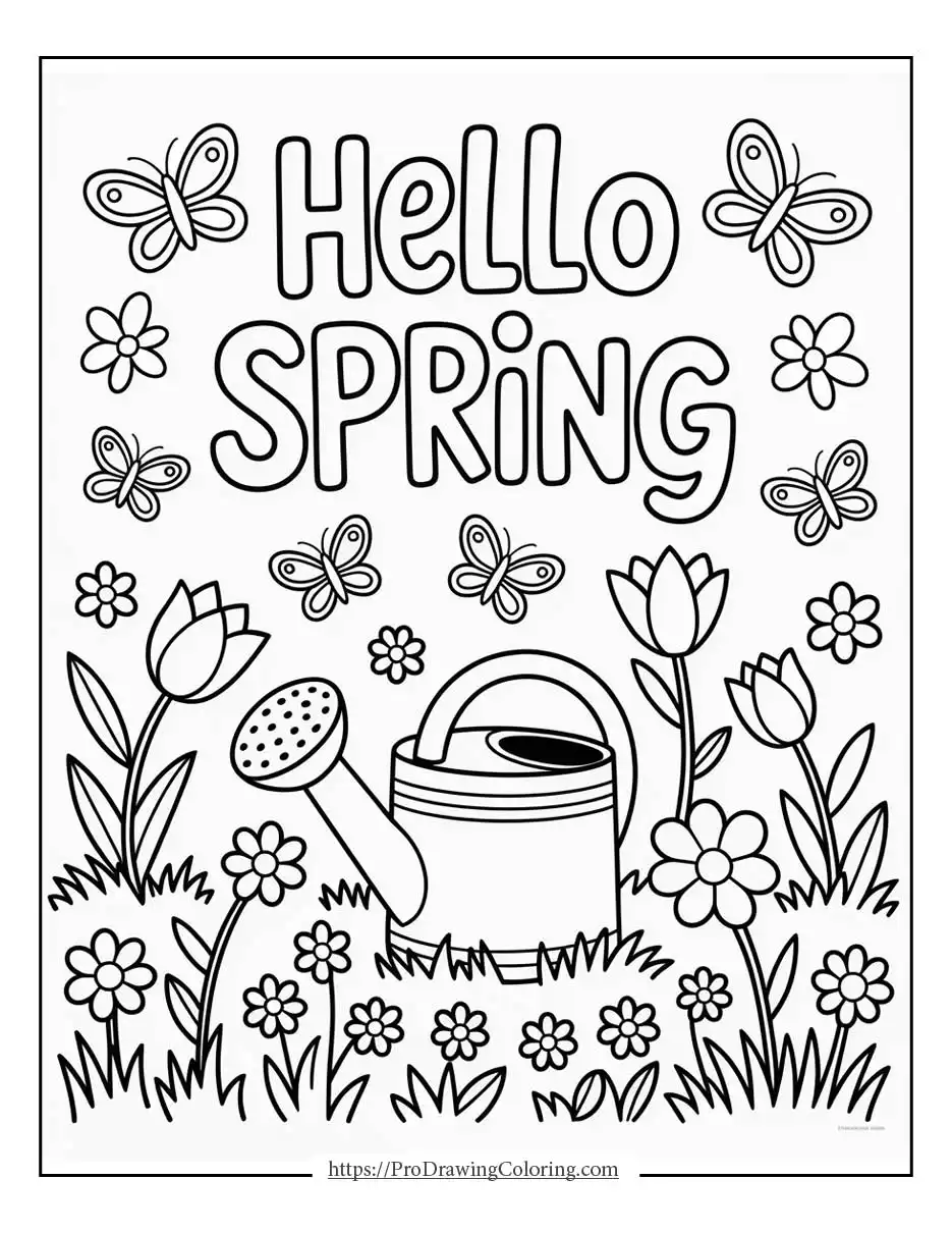 a garden filled with flowers butterflies and hello spring text, perfect for spring coloring page printable fun