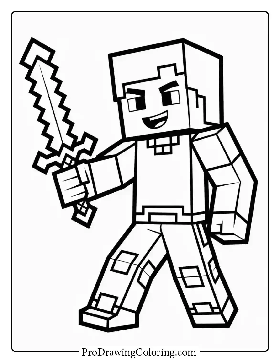 Minecraft sword coloring pages featuring a smiling Steve heroically swinging a powerful diamond sword in an exciting action-packed pose.