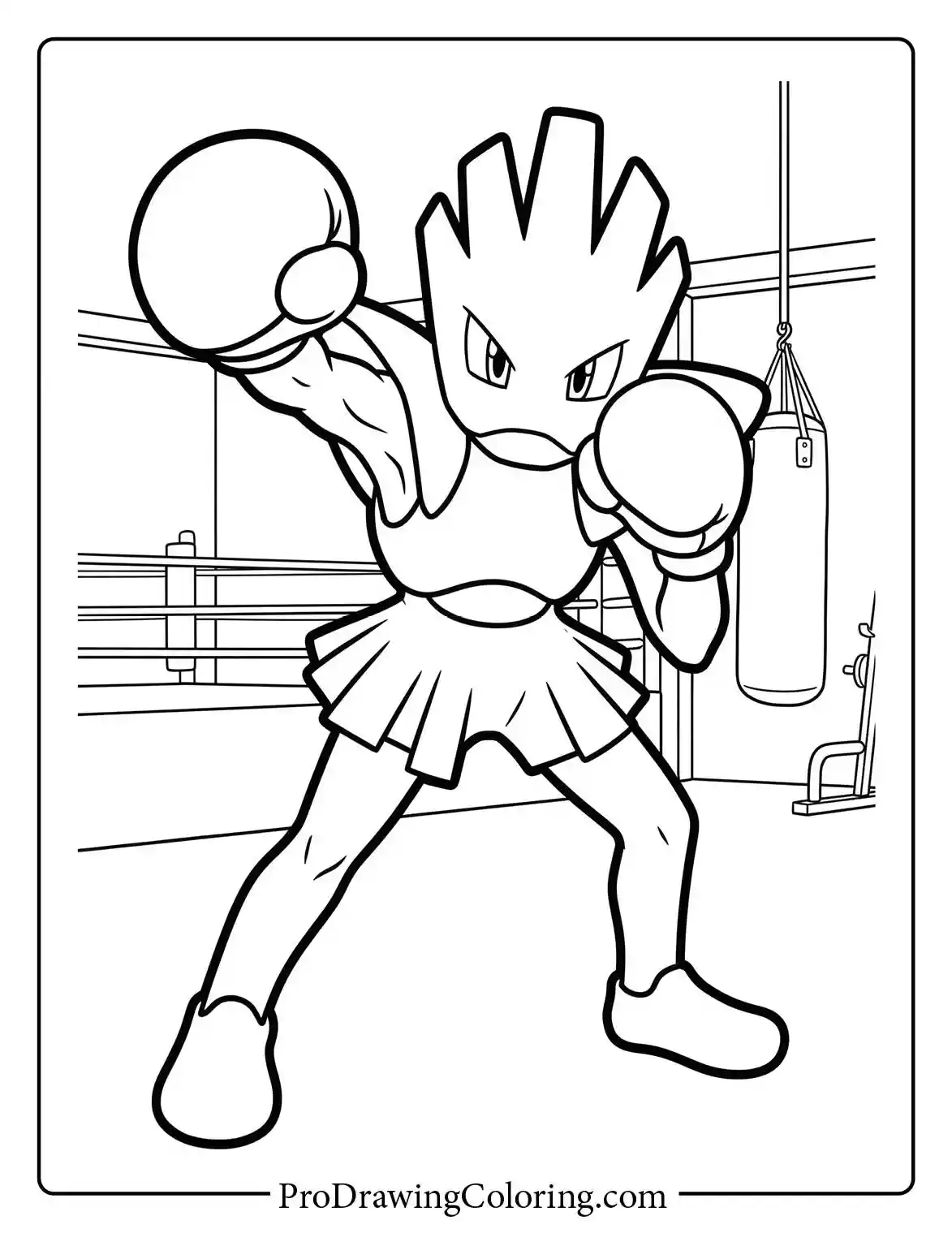 Hitmonchan is in a training gym, wearing boxing gloves and throwing a powerful punch next to a hanging punching bag, a cool colouring page.