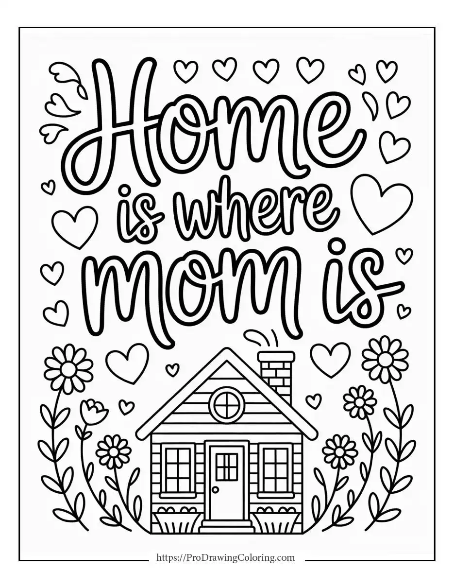 Cozy house illustration with loving message about mom, warm Mother’s Day coloring page