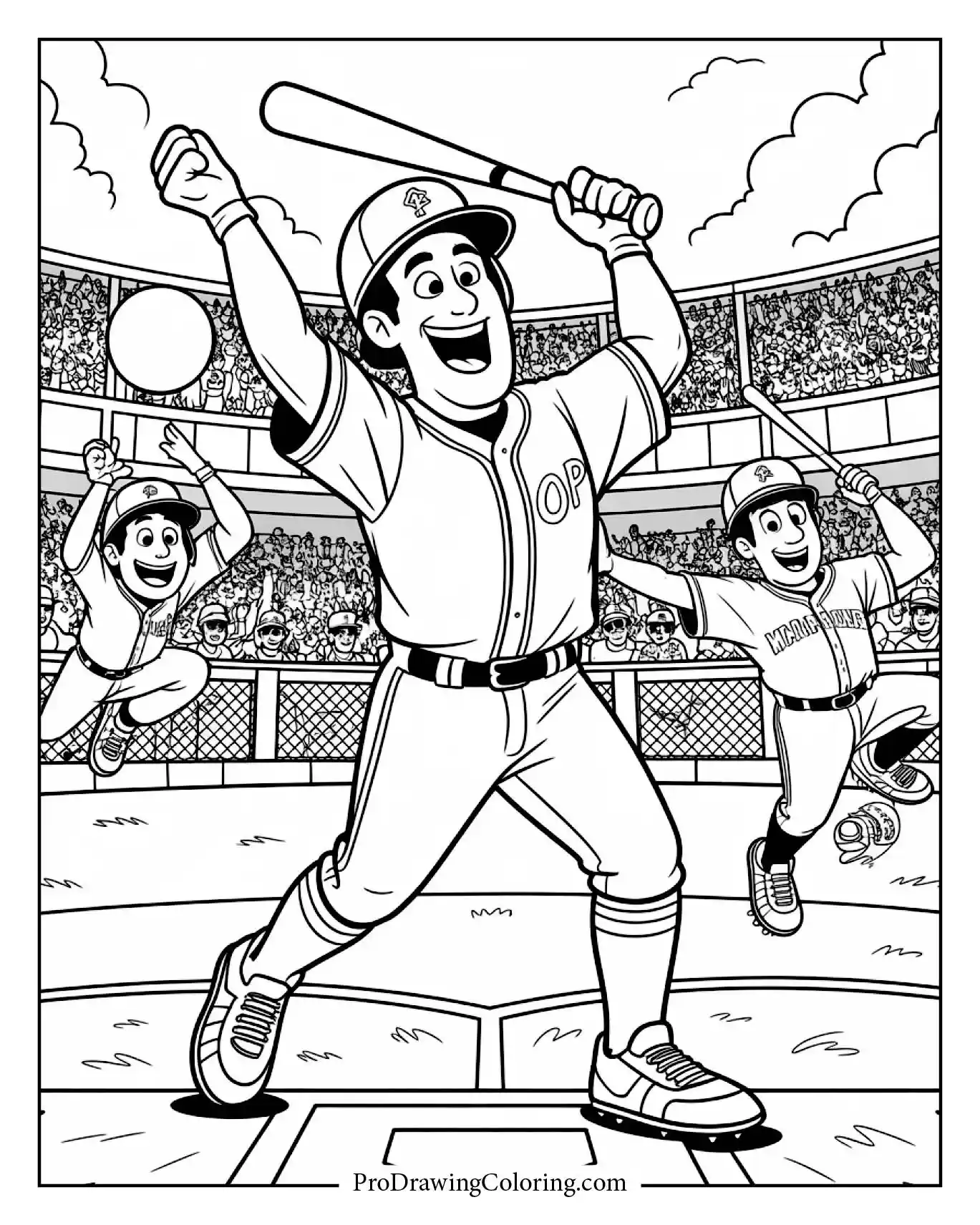 Home Run Celebration scene, creative Baseball Coloring Page for adults.