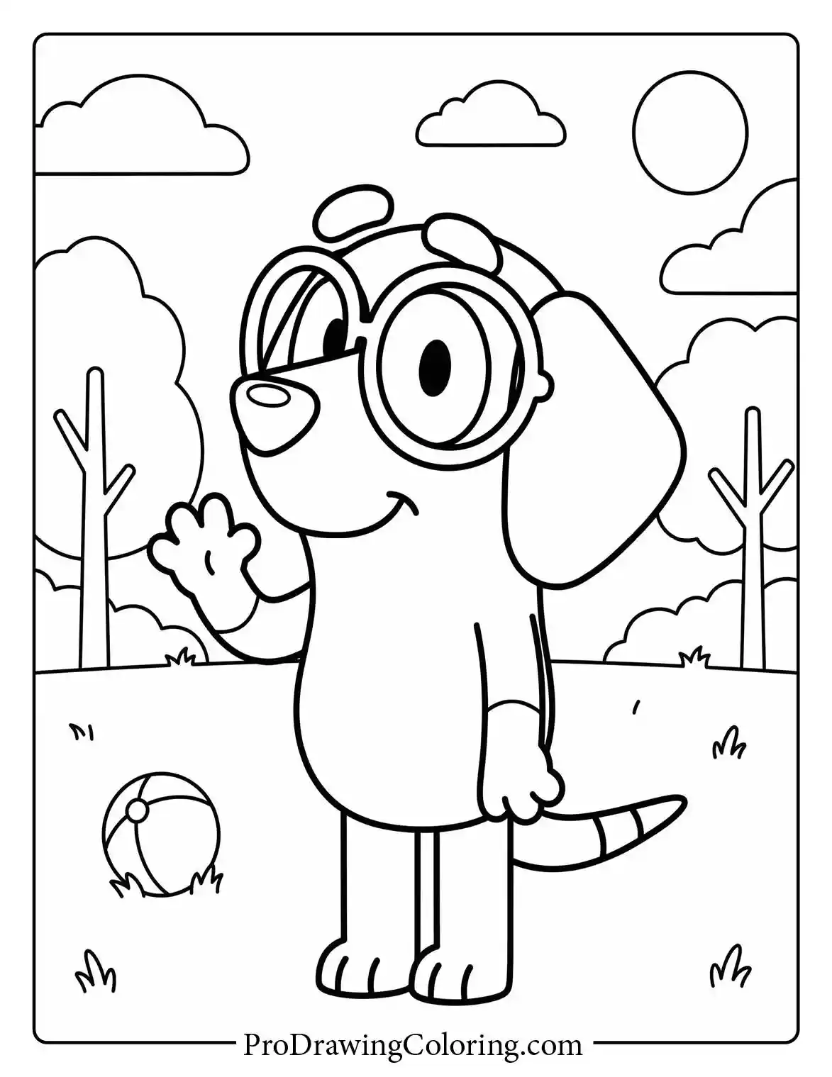Honey coloring page featuring Bluey's smart Beagle friend wearing glasses.