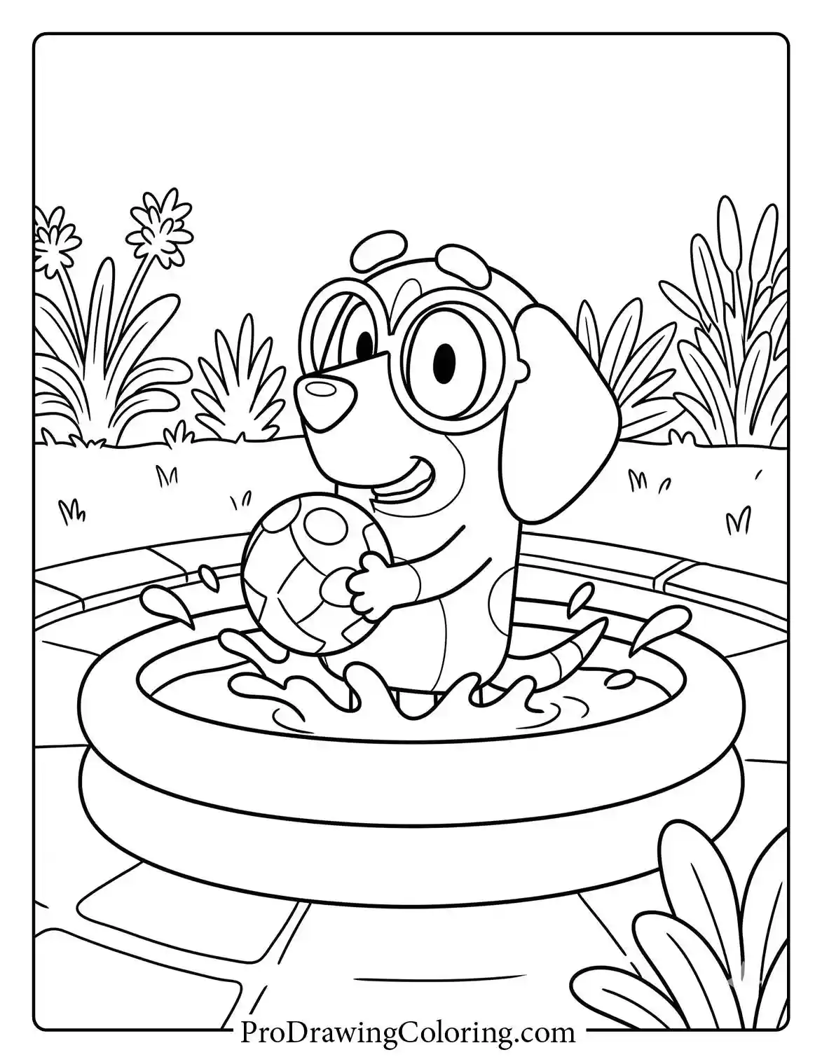 Honey printable coloring page showing Bluey's Beagle friend having a great time in a pool.