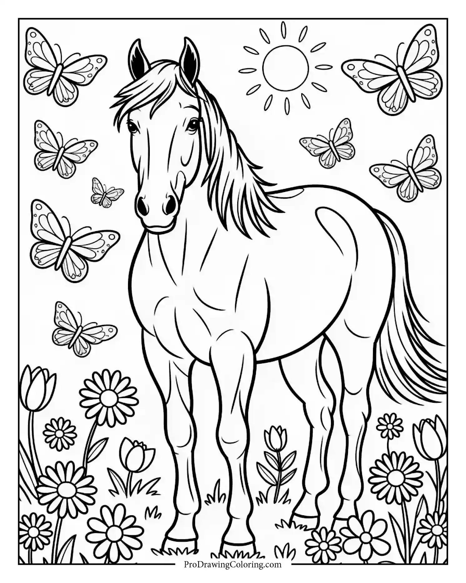 horse and butterfly meadow Peaceful horse coloring sheet with butterflies flying in a flower-filled field