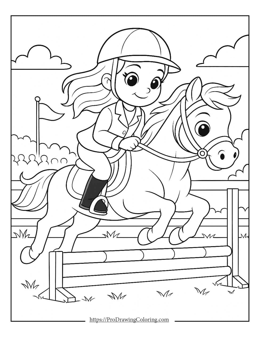 horse coloring page Horse coloring page depicting a young rider jumping over an obstacle