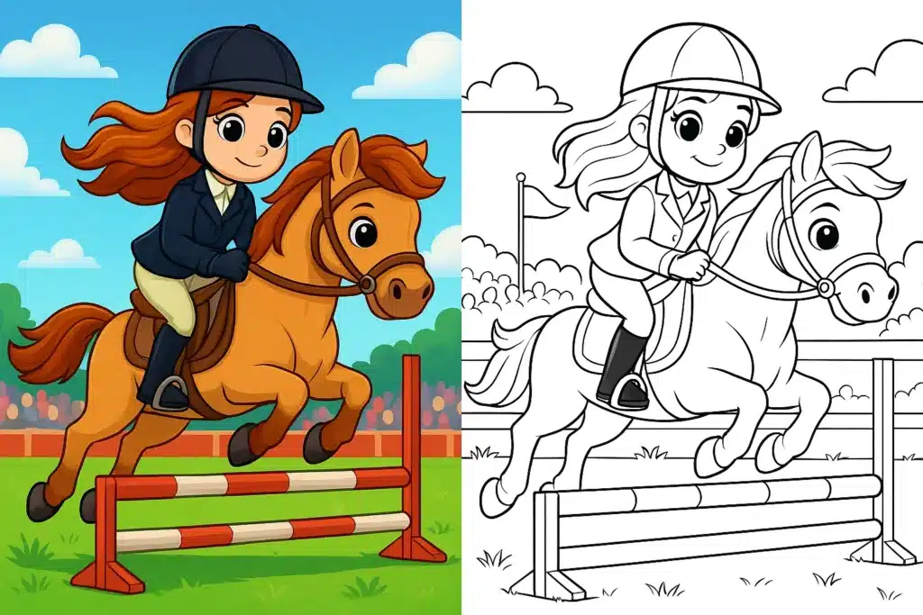 horse coloring pages – cute cartoon girl riding a horse in an equestrian competition; split image with left side fully colored scene and right side black-and-white horse coloring page for kids
