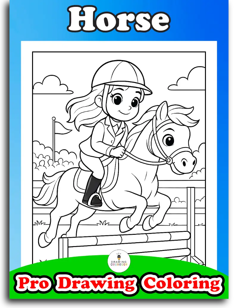Beautiful horse coloring pages for girls and boys, farm animal scenes.