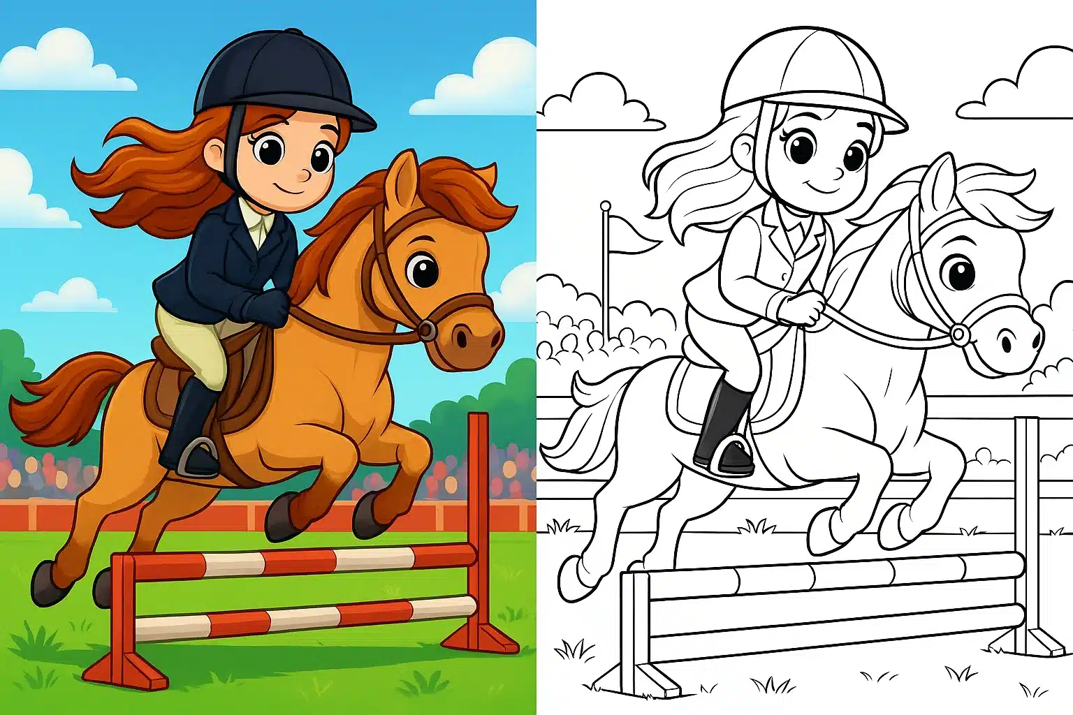 horse coloring pages – cute cartoon girl riding a horse in an equestrian competition; split image with left side fully colored scene and right side black-and-white horse coloring page for kids