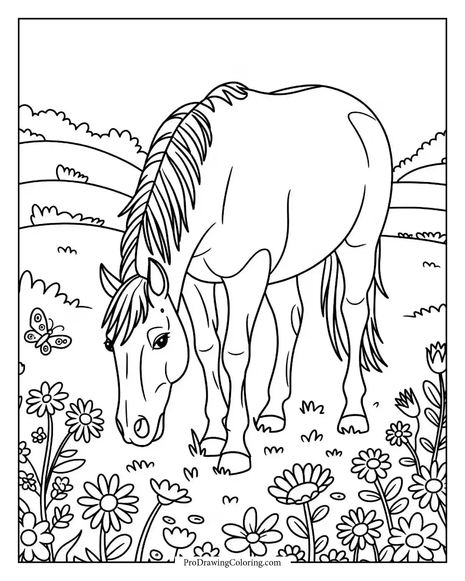 horse grazing in field Free horse coloring page showing a horse grazing in a sunny field