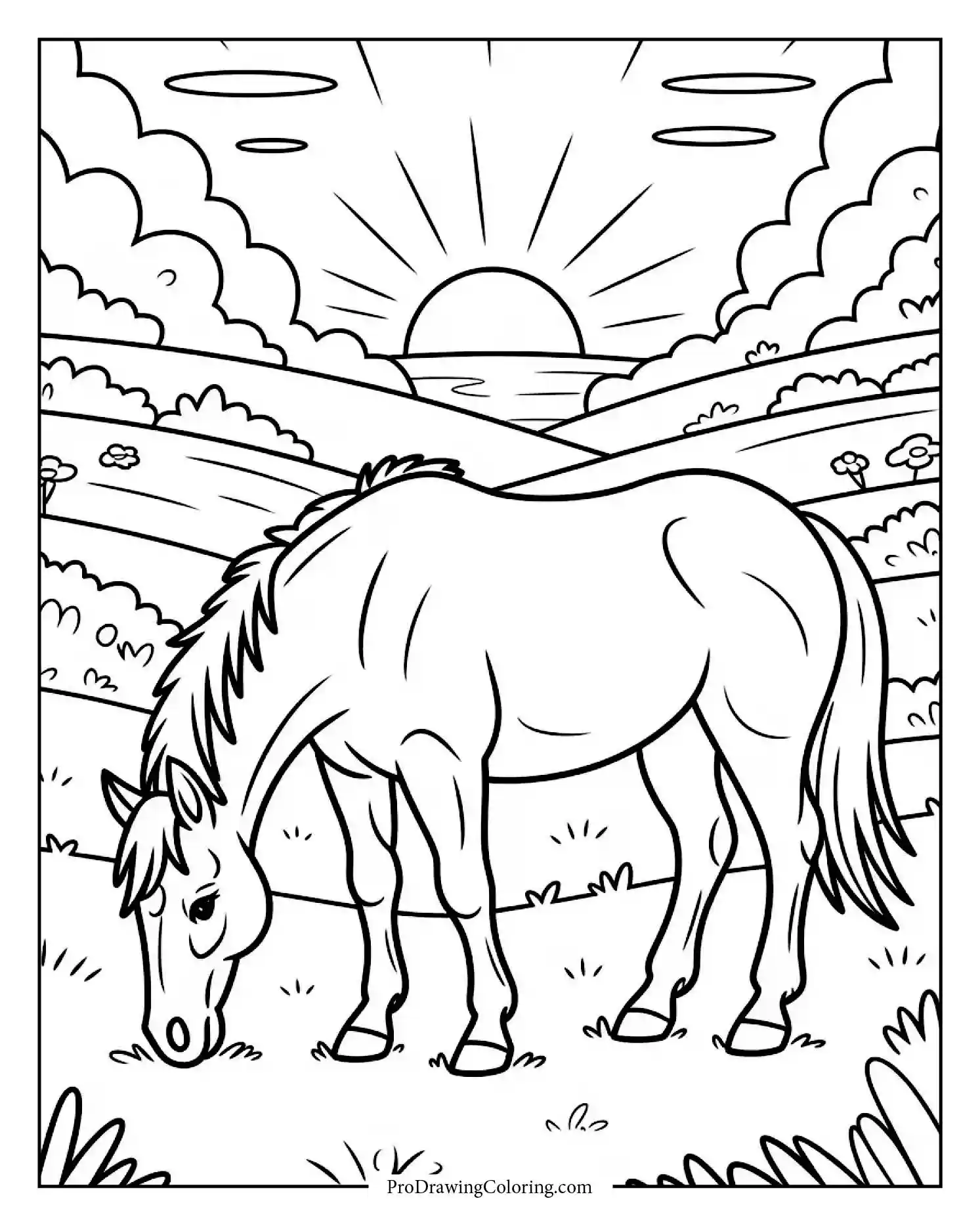 horse grazing in sunset field Peaceful printable horse coloring page showing a horse eating grass in sunset