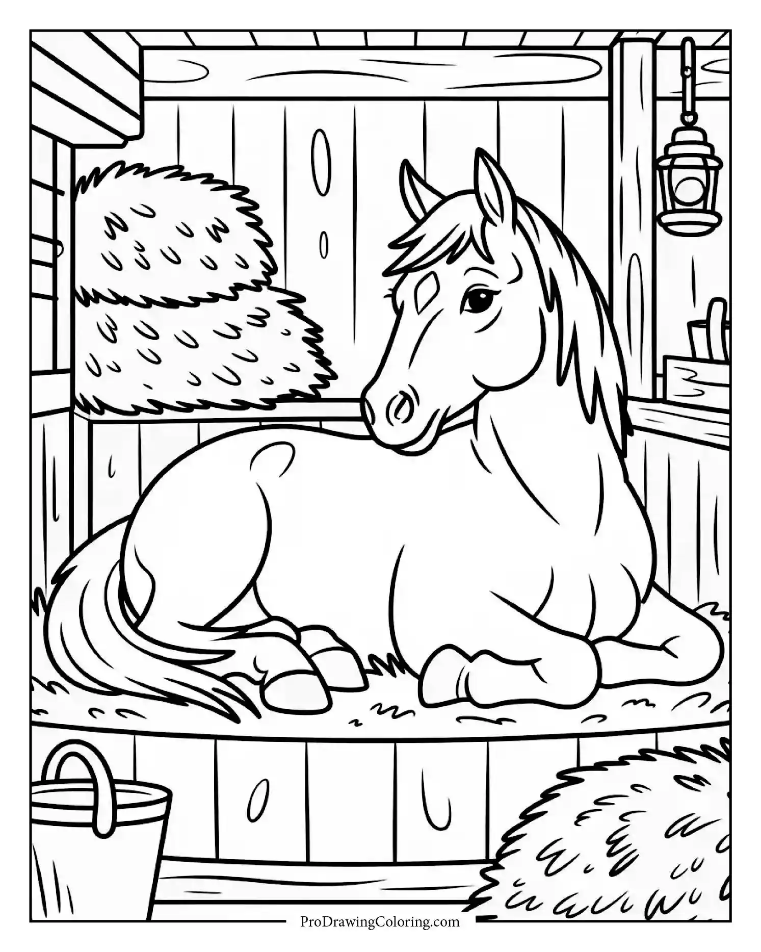 horse in stable to print Coloring page of a horse standing inside a wooden stable, free to print