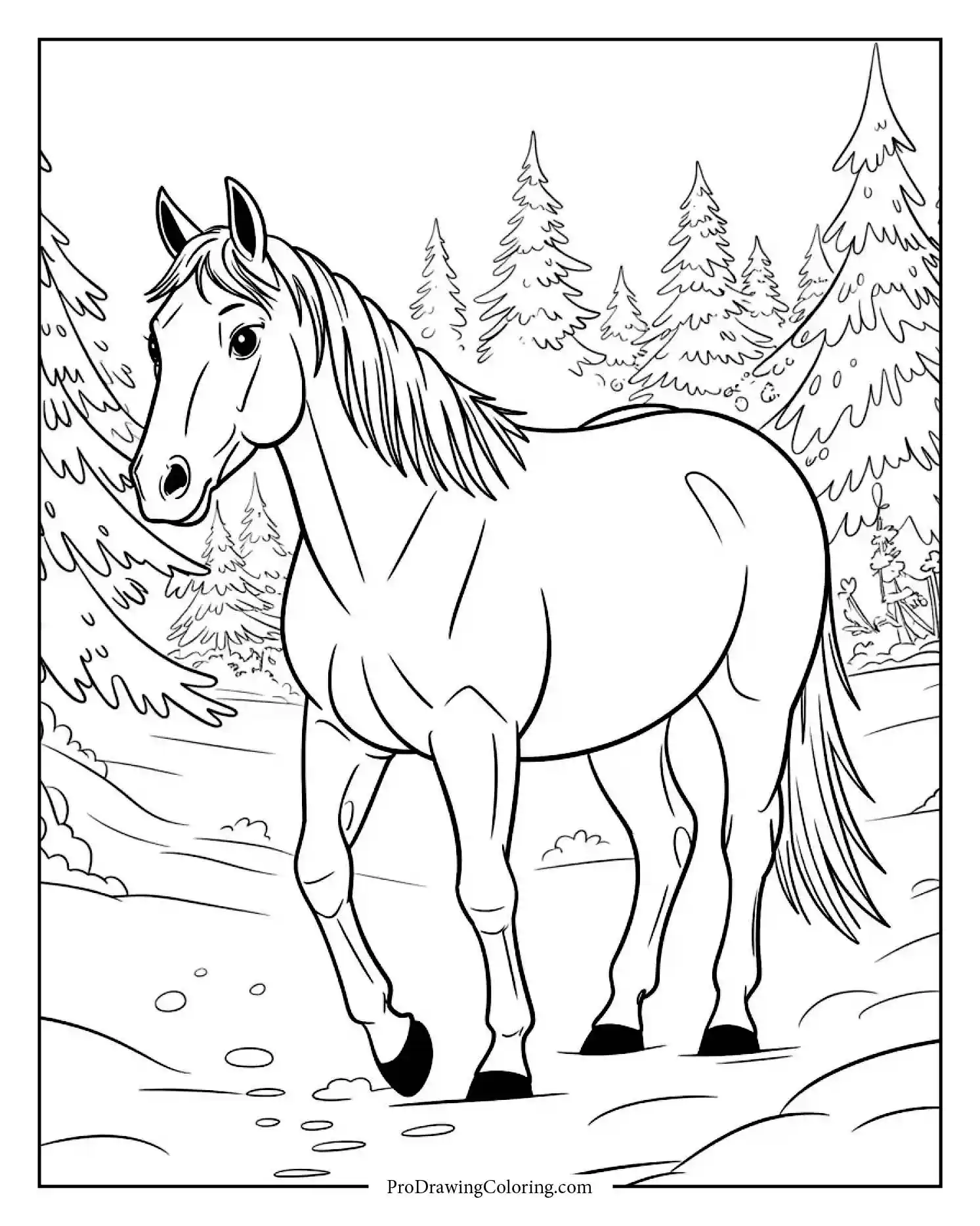 horse in the snow Printable horse coloring sheet of a horse walking through snowflakes